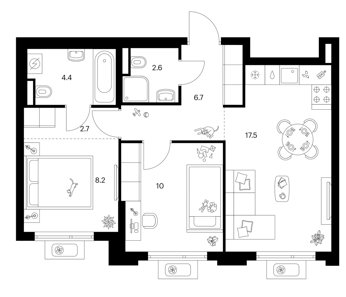 Планировка двухкомнатная 52.1 м² в ЖК «Белая Дача парк», корпус 22.2
