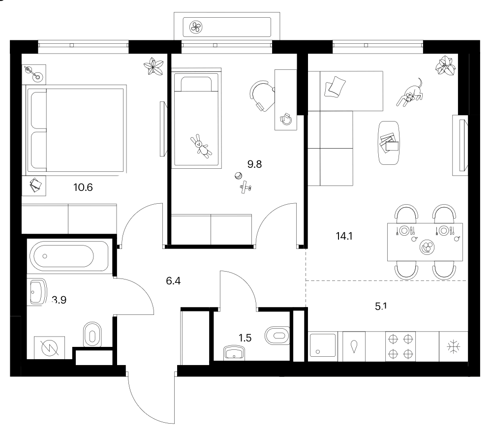 Планировка евротрёшка (3Е) 51.4 м² в ЖК «Белая Дача парк», корпус 22.2