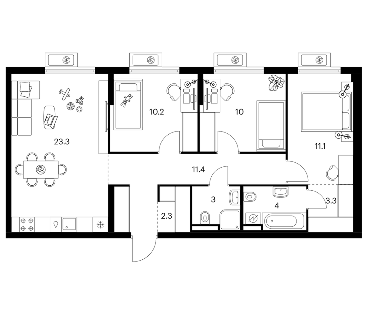 Планировка трёхкомнатная 78.6 м² в ЖК «Белая Дача парк», корпус 16.2
