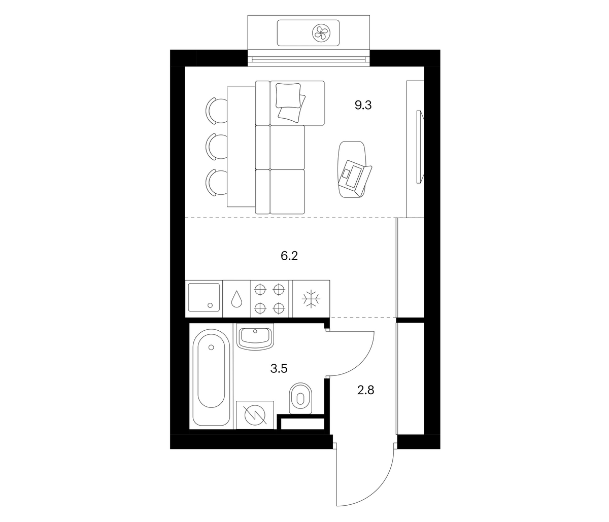 Планировка Студии 21.8 м² в ЖК «Белая Дача парк», корпус 16.1