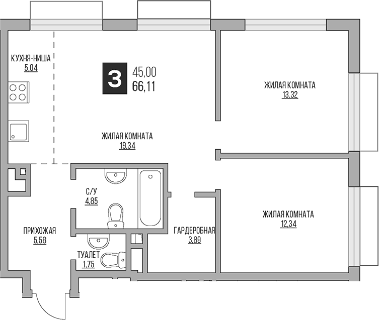 Планировка евротрёшка (3Е) 66.11 м² в ЖК «Гранель Коломенское», корпус 1.1