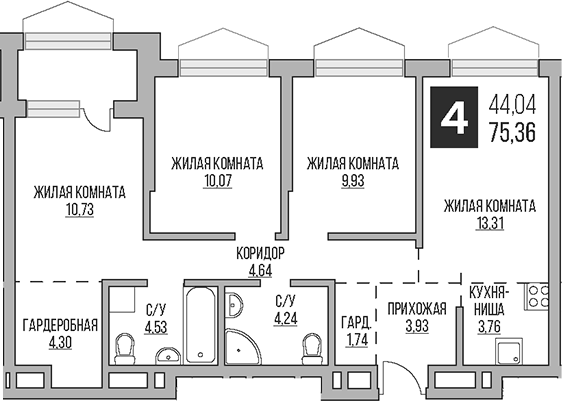 Планировка евро-4 (4Е) 75.36 м² в ЖК «Гранель Коломенское», корпус 1.1