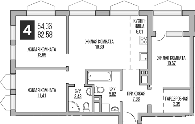 Планировка евро-4 (4Е) 82.58 м² в ЖК «Гранель Коломенское», корпус 1.1
