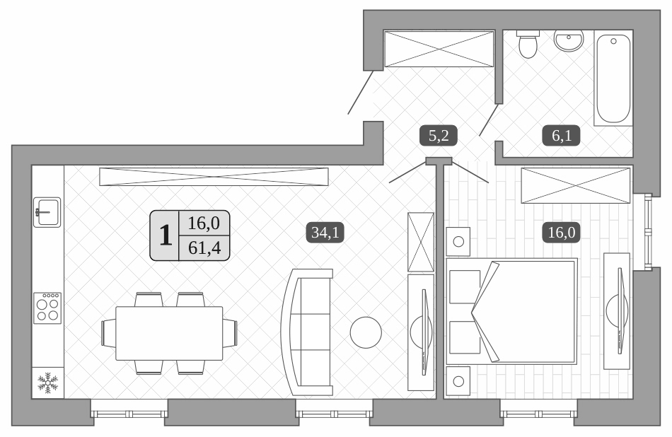 Планировка евродвушка (2Е) 61.4 м² в ЖК «Белый город», корпус 4