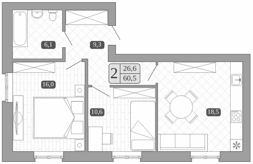Планировка евротрёшка (3Е) 59.6 м² в ЖК «Белый город», корпус 3