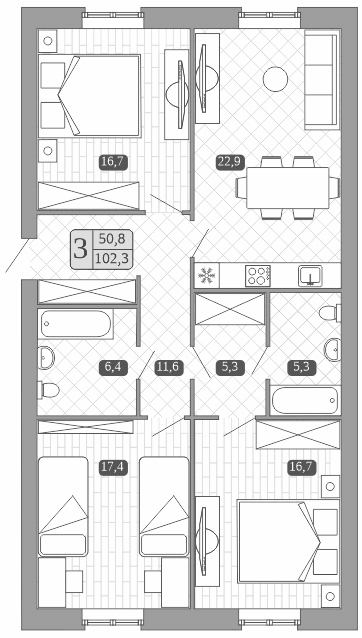 Планировка евро-4 (4Е) 100.6 м² в ЖК «Белый город», корпус 3
