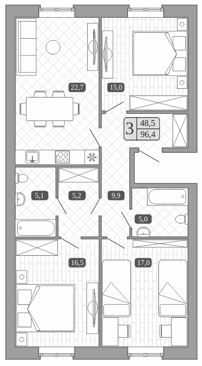 Планировка евро-4 (4Е) 96.4 м² в ЖК «Белый город», корпус 8