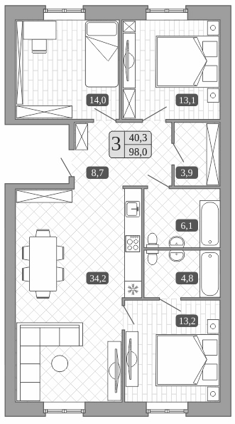 Планировка евро-4 (4Е) 98 м² в ЖК «Белый город», корпус 4