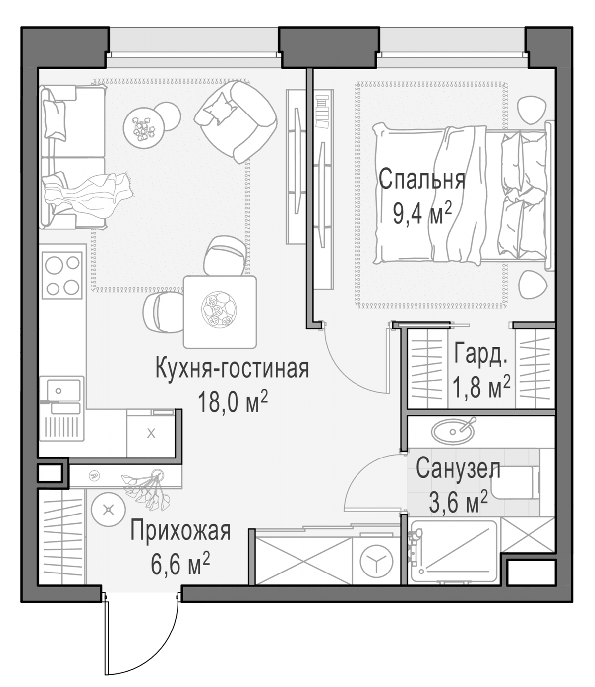 Планировка евродвушка (2Е) 39.3 м² в ЖК «Белый Град», корпус 11.2