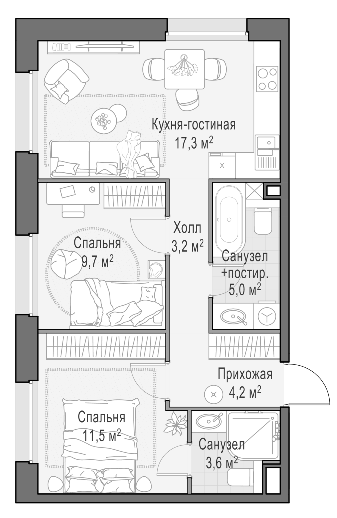 Планировка евротрёшка (3Е) 54.5 м² в ЖК «Белый Град», корпус 11.2