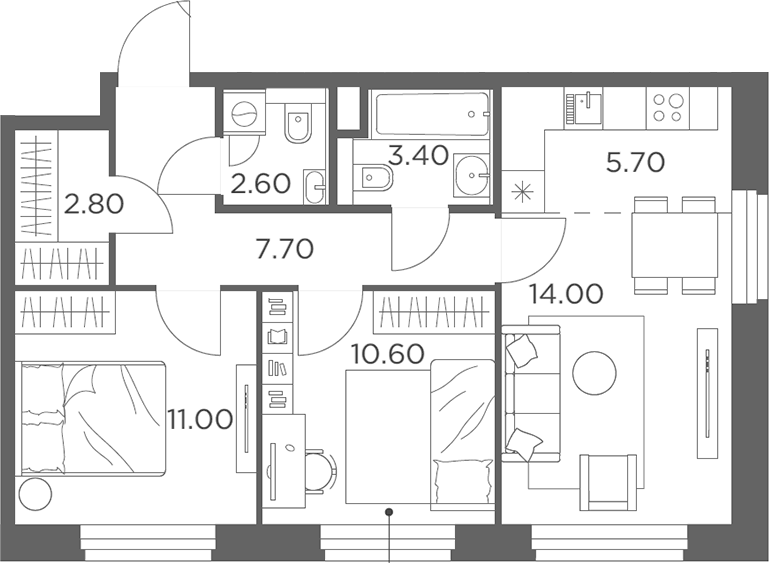 Планировка евротрёшка (3Е) 57.8 м² в ЖК «Белый Град», корпус 11.1