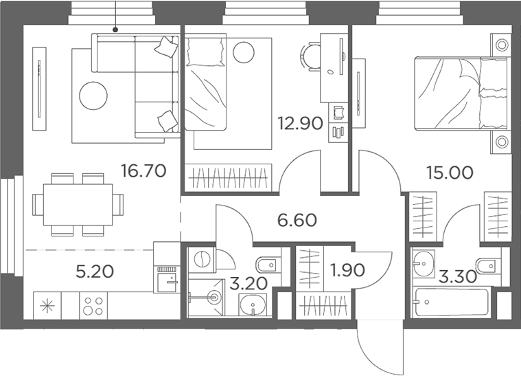 Планировка евротрёшка (3Е) 64.8 м² в ЖК «Белый Град», корпус 12.1