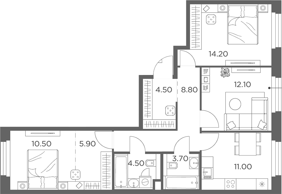 Планировка трёхкомнатная 75.2 м² в ЖК «Белый Град», корпус 12.1