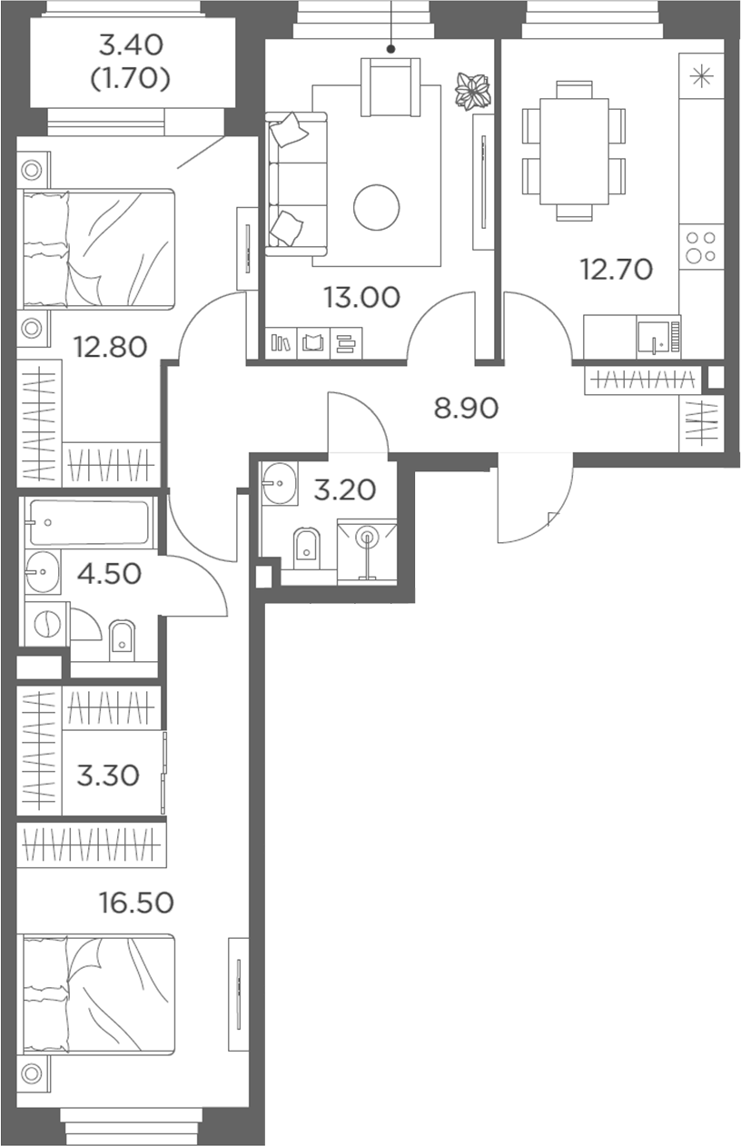Планировка трёхкомнатная 76.6 м² в ЖК «Белый Град», корпус 12.2