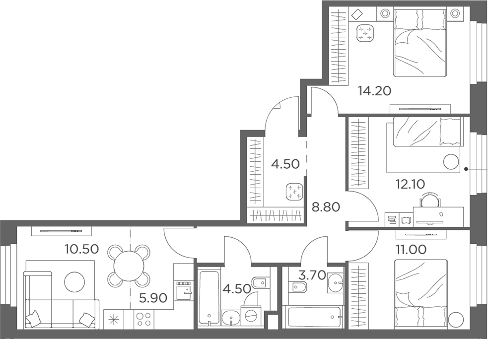 Планировка евро-4 (4Е) 75.2 м² в ЖК «Белый Град», корпус 12.1