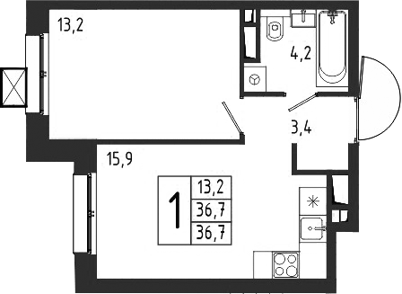 Планировка однокомнатная 36.7 м² в ЖК «Берег», корпус 8
