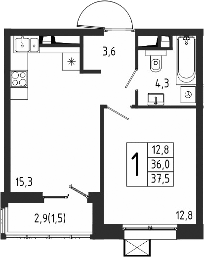 Планировка однокомнатная 37.5 м² в ЖК «Берег», корпус 8