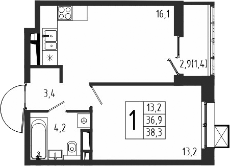 Планировка однокомнатная 38.3 м² в ЖК «Берег», корпус 8