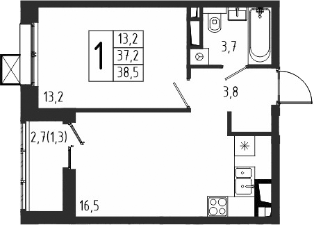 Планировка однокомнатная 38.5 м² в ЖК «Берег», корпус 4