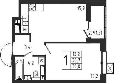 Планировка однокомнатная 38 м² в ЖК «Берег», корпус 4