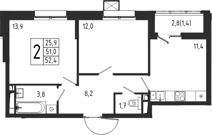 Планировка двухкомнатная 52.4 м² в ЖК «Берег», корпус 8