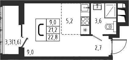 Планировка Студии 22.8 м² в ЖК «Берег», корпус 8