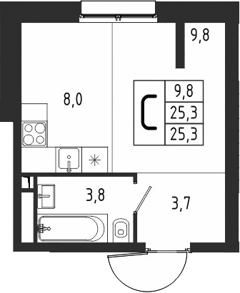 Планировка Студии 25.3 м² в ЖК «Берег», корпус 8