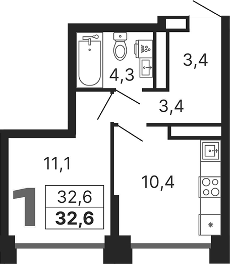 Планировка однокомнатная 32.6 м² в ЖК «Бестселлер», корпус 1