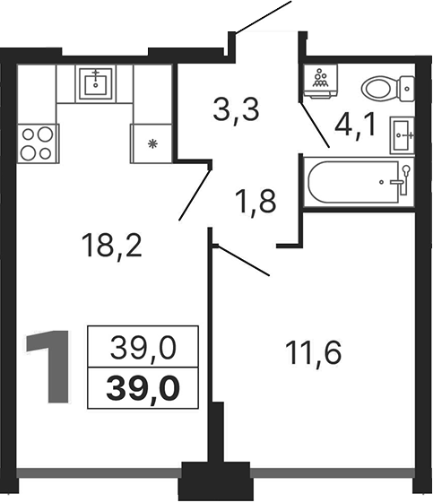 Планировка однокомнатная 39 м² в ЖК «Бестселлер», корпус 2