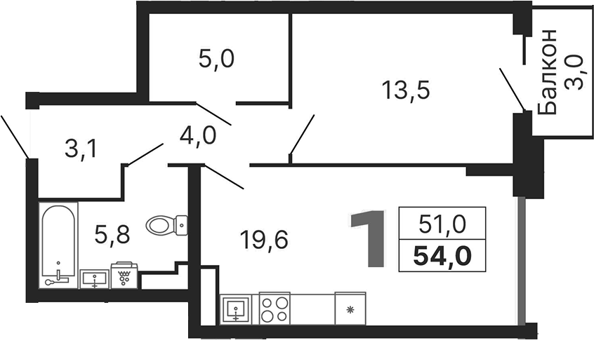 Планировка евродвушка (2Е) 54 м² в ЖК «Бестселлер», корпус 2