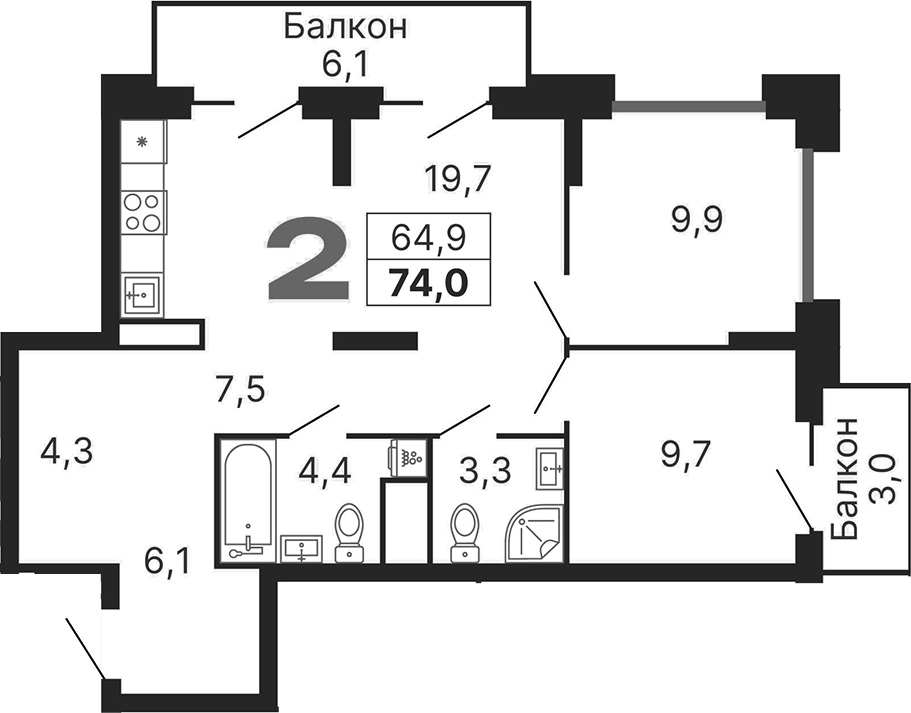 Планировка евротрёшка (3Е) 74 м² в ЖК «Бестселлер», корпус 2