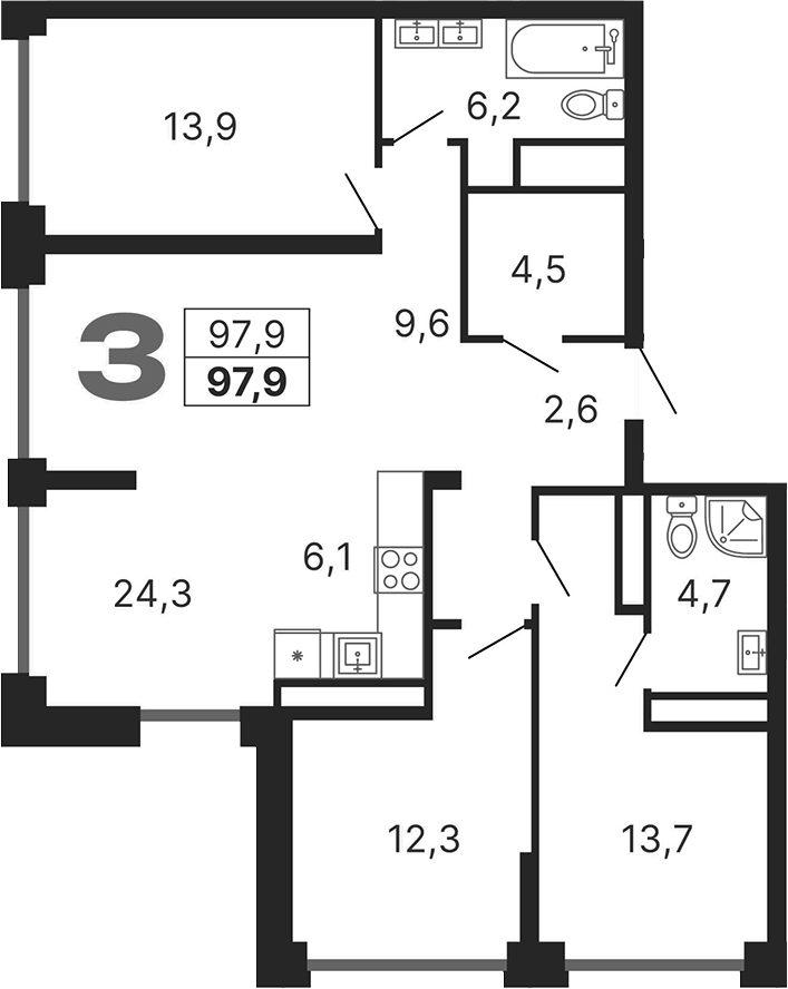 Планировка евро-4 (4Е) 97.9 м² в ЖК «Бестселлер», корпус 1