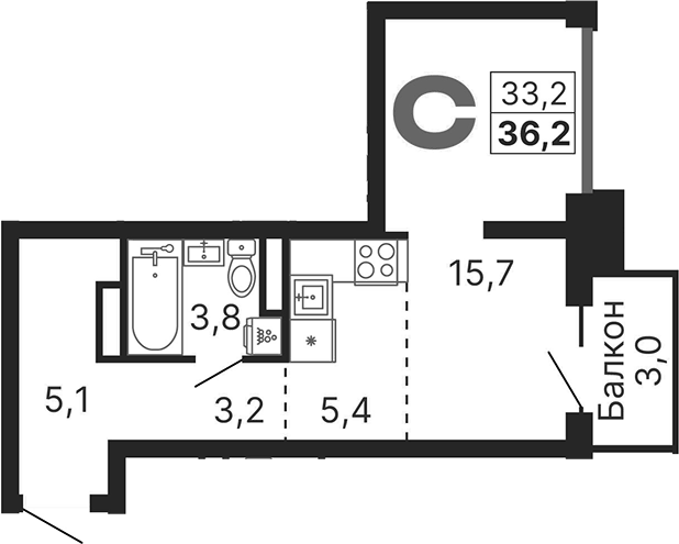 Планировка Студии 36.2 м² в ЖК «Бестселлер», корпус 1