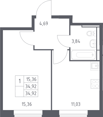 Планировка однокомнатная 34.92 м² в ЖК «Богдановский лес», корпус 10.2