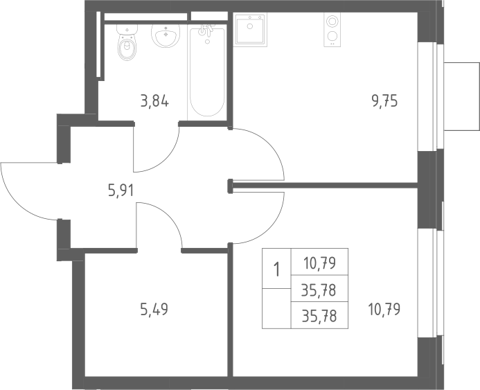 Планировка однокомнатная 35.78 м² в ЖК «Богдановский лес», корпус 7.1