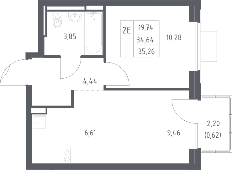 Планировка евродвушка (2Е) 35.26 м² в ЖК «Богдановский лес», корпус 7.3
