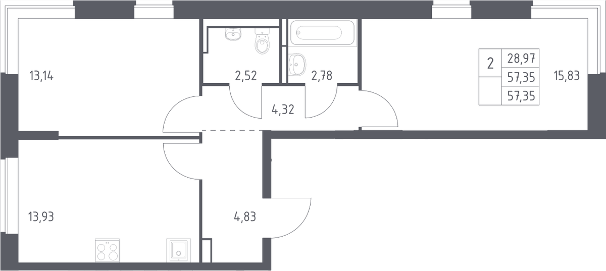 Планировка двухкомнатная 57.35 м² в ЖК «Богдановский лес», корпус 7.1