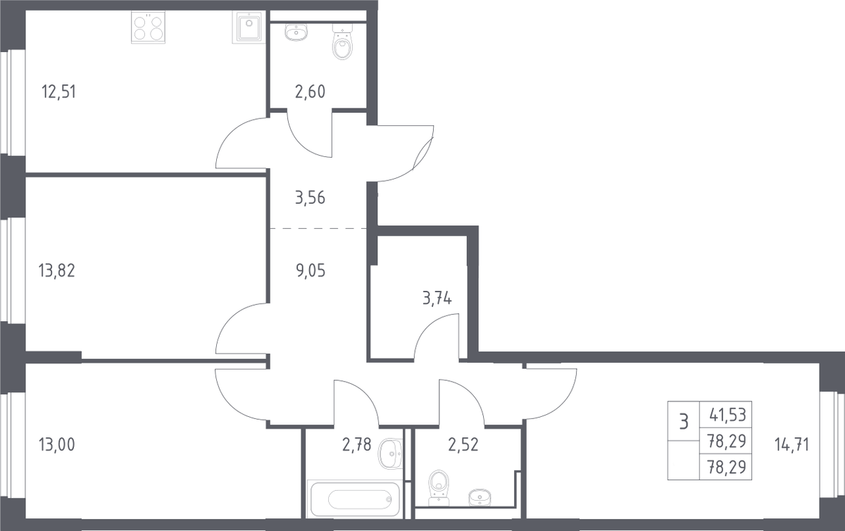 Планировка трёхкомнатная 78.29 м² в ЖК «Богдановский лес», корпус 7.1
