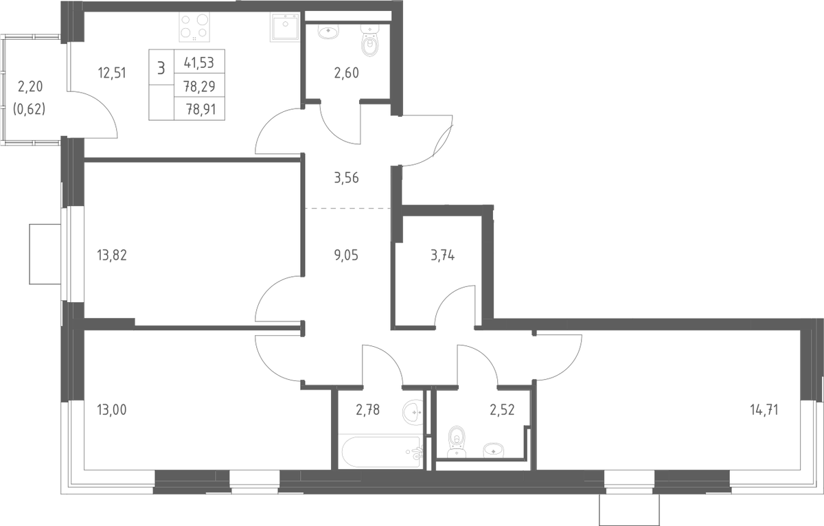 Планировка трёхкомнатная 78.91 м² в ЖК «Богдановский лес», корпус 7.3
