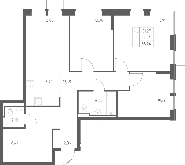 Планировка евро-4 (4Е) 88.24 м² в ЖК «Богдановский лес», корпус 7.4