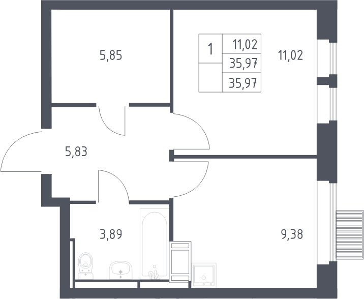 Планировка однокомнатная 35.97 м² в ЖК «Большое Путилково», корпус 28