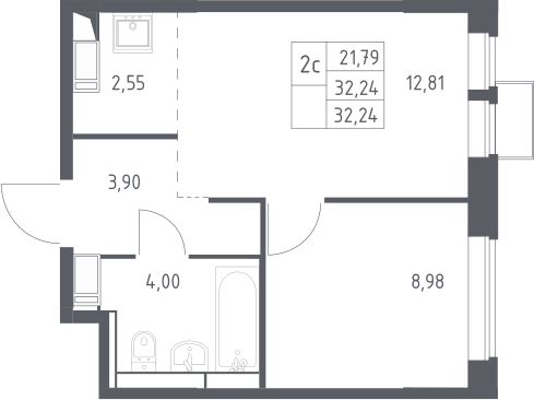 Планировка евродвушка (2Е) 32.24 м² в ЖК «Большое Путилково», корпус 27
