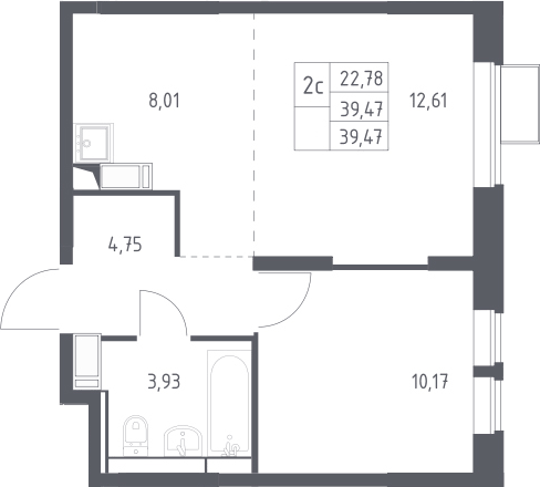 Планировка евродвушка (2Е) 39.47 м² в ЖК «Большое Путилково», корпус 27
