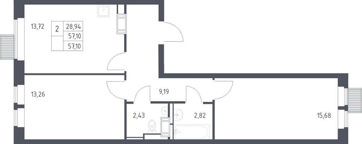 Планировка двухкомнатная 57.1 м² в ЖК «Большое Путилково», корпус 28