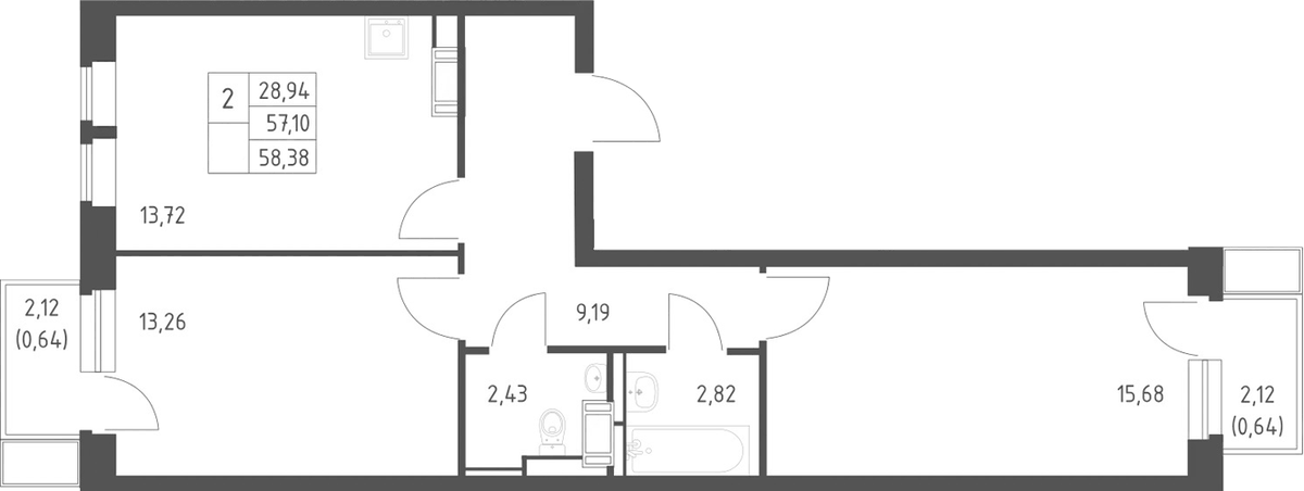 Планировка двухкомнатная 58.38 м² в ЖК «Большое Путилково», корпус 28