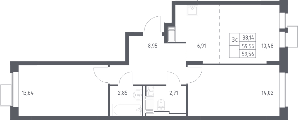 Планировка евротрёшка (3Е) 59.56 м² в ЖК «Большое Путилково», корпус 27