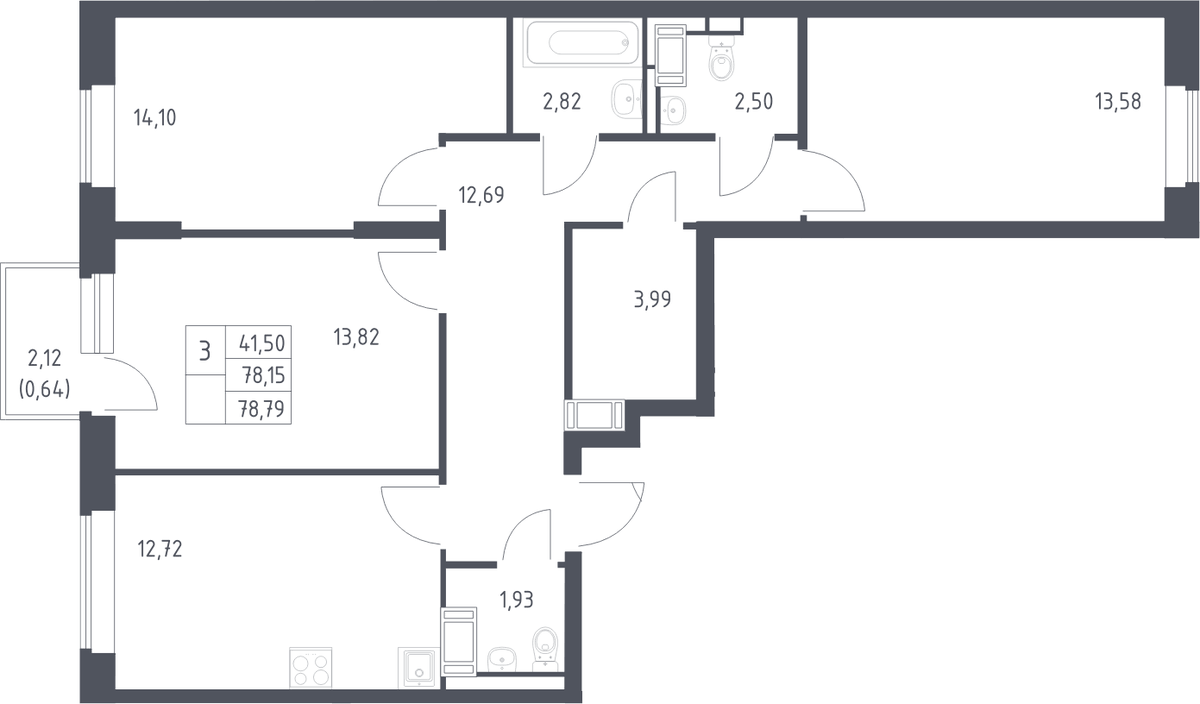 Планировка трёхкомнатная 78.79 м² в ЖК «Большое Путилково», корпус 28