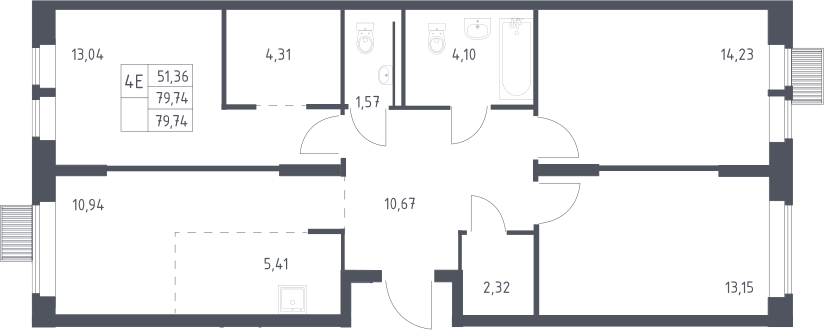 Планировка евро-4 (4Е) 79.74 м² в ЖК «Большое Путилково», корпус 28