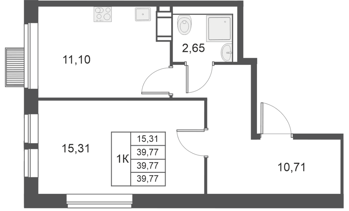Планировка однокомнатная 39.77 м² в ЖК «Большое Путилково. ФК УРАЛСИБ», корпус 28