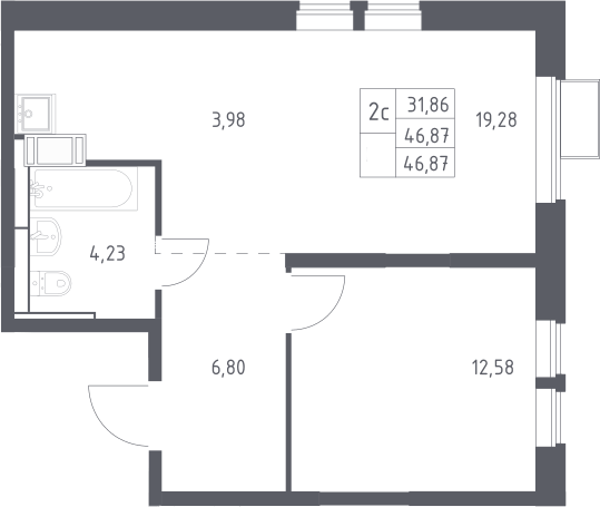 Планировка евродвушка (2Е) 46.87 м² в ЖК «Большое Путилково. ФК УРАЛСИБ», корпус 27